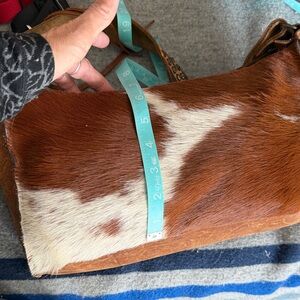 Cowhide Shoulder Bag with Colorful Studded Accent Strap - Brown/White